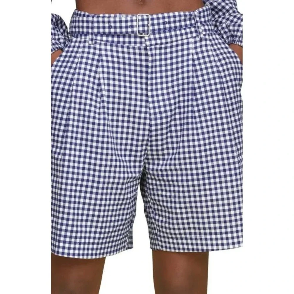New Avec Les Filles Gingham‎ Linen Blend Belted Shorts Navy Blue White Size 8